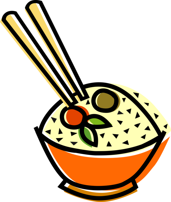 Vector Illustration of Chinese or Japanese Asian Cuisine Steamed Rice in Bowl with Chopsticks