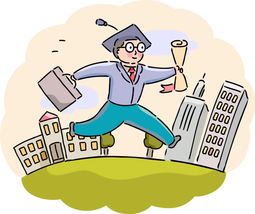 Vector Illustration of Academic Student Graduate Runs from School with Diploma Degree Seeking Career Employment in City