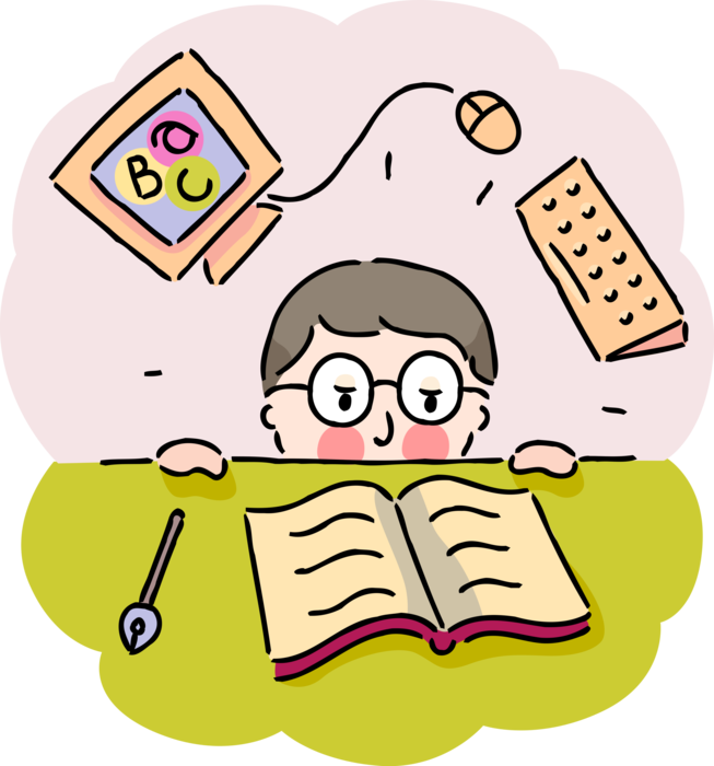 Vector Illustration of Scholarly Student in School Classroom with Open Notebook and Computer