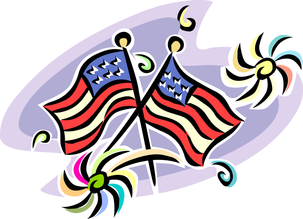 Vector Illustration of 4th of July Independence Day Holiday Celebration American Flags and Fireworks