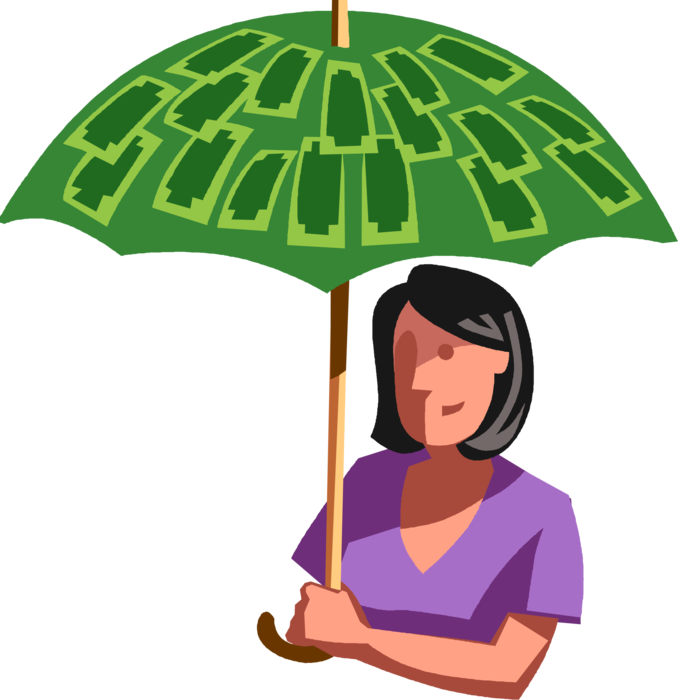 Vector Illustration of Businesswoman with Financial Risk Insurance Cash Money Dollar Umbrella Protection