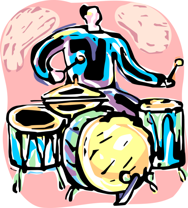 Vector Illustration of Musician Drummer Plays Drum Set or Drum Kit Percussion Instrument During Live Performance