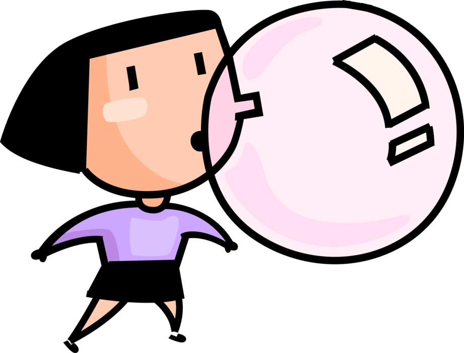 Vector Illustration of Girl Blows Bubble with Bubblegum Bubble-Gum Chewing Gum