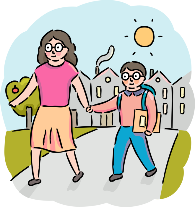 Vector Illustration of Mother Walks Hand-in-Hand to School for First Day with Son Entering Grade School