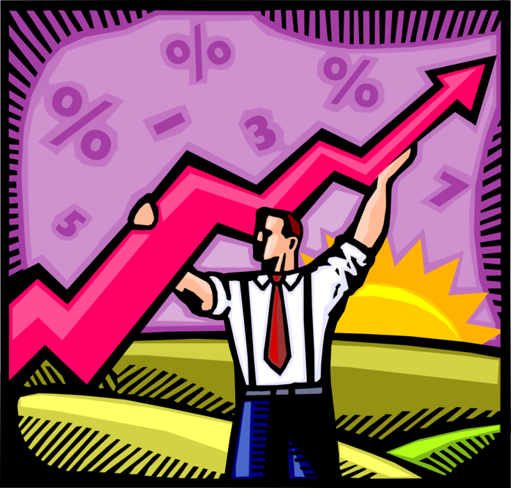 Vector Illustration of Businessman Contributes to Corporate Revenue Growth with Infographic Sales Profit Chart Profit Arrow