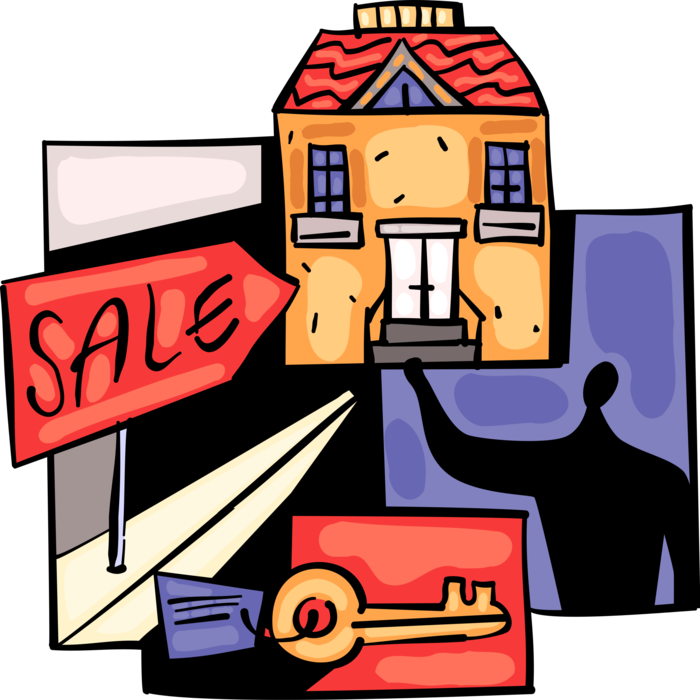 Vector Illustration of Residential Real Estate Agent Sells Family Home Residence for House For Sale Sign