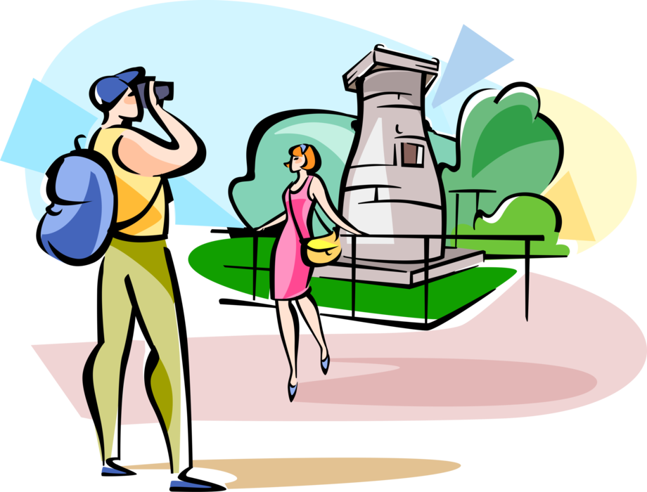 Vector Illustration of Tourists Visit Cheomseongdae Astronomical Observatory, Gyeongju, South Korea