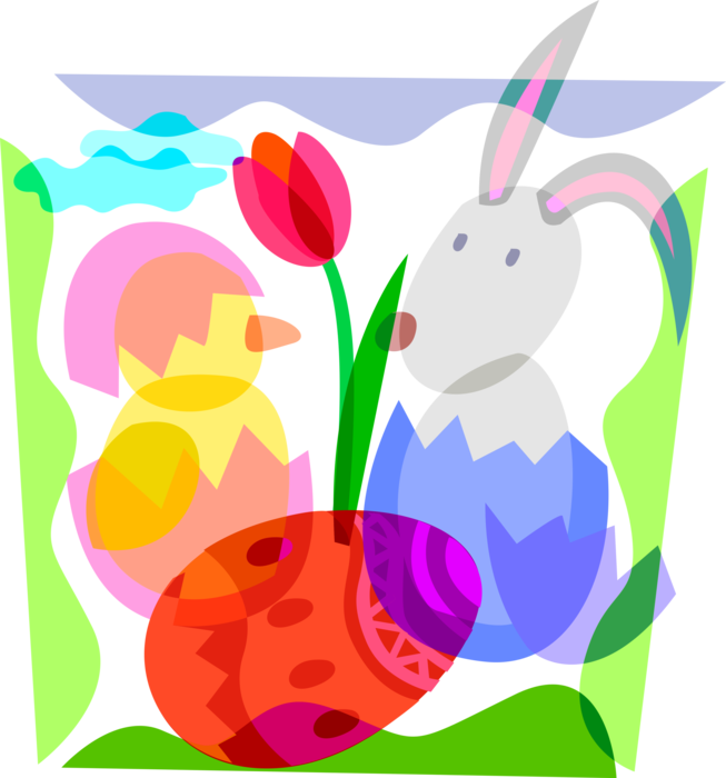 Vector Illustration of Pascha Easter Bunny Rabbit and Hatching Yellow Chick Bird with Decorated Easter Egg