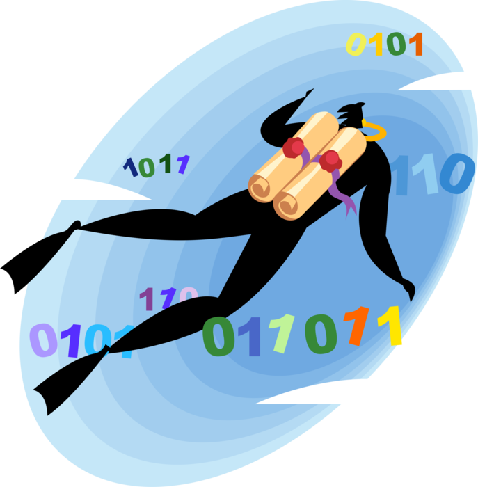 Vector Illustration of Businessman Scuba Diver Swimming Through Binary Code Information Technology Data