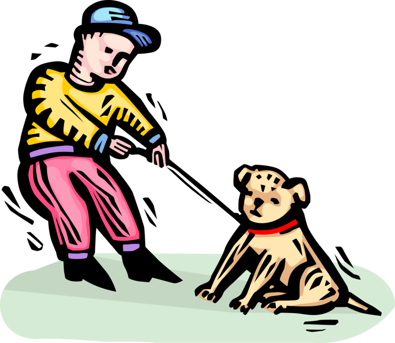Vector Illustration of Annoying, Obnoxious Rotten Kid Yanks Leash on Family Pet Dog