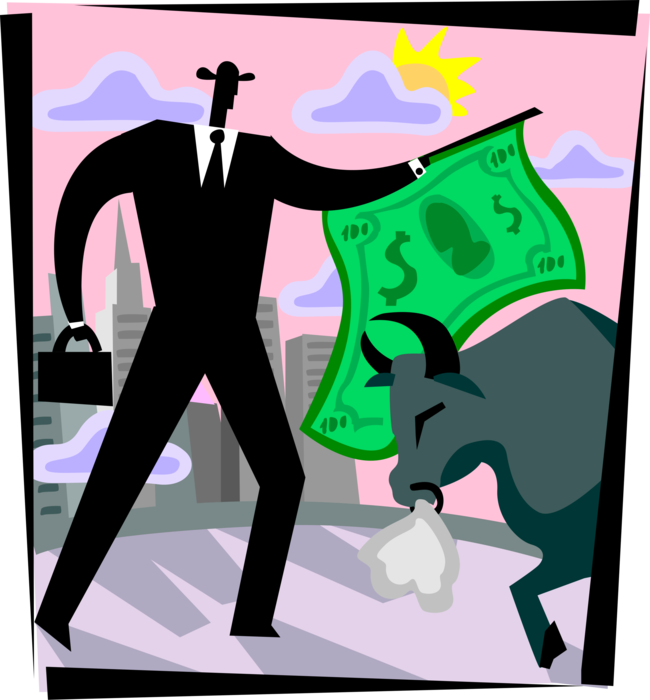 Vector Illustration of Businessman Matador Toreador Bullfighter Fights Charging Bull with Dollar Cash Money Cape