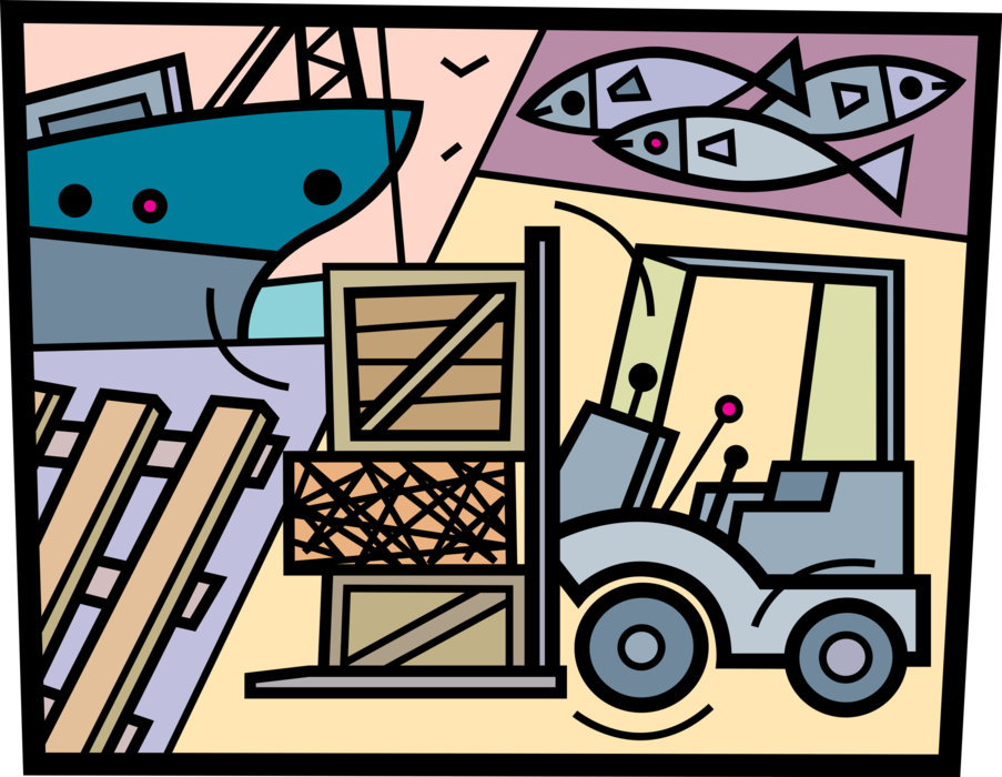 Vector Illustration of Commercial Fishing Industry with Fish Trawler Vessel at Dock with Industrial Forklift Lifting Crates