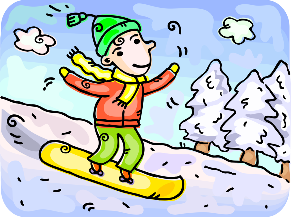 Vector Illustration of Winter Sports Snowboarder Dude Enjoys Snowboarding Down Slopes with Snowboard