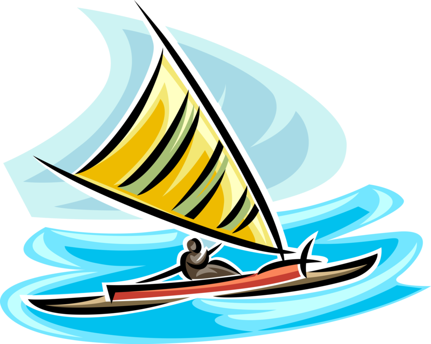 Vector Illustration of Outrigger Sailing Sailboat Watercraft Vessel with Sail on Ocean Waves