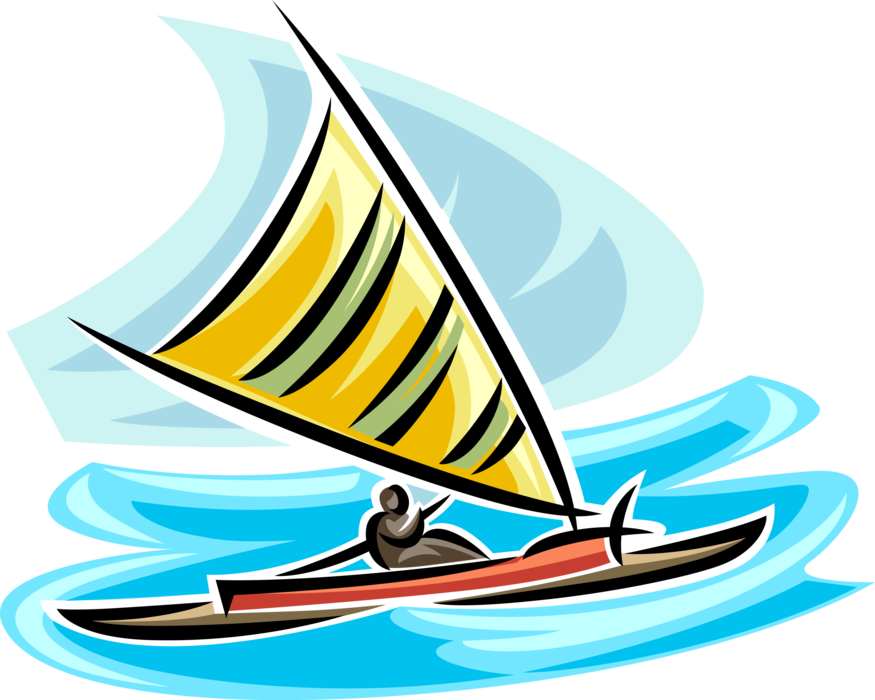 Vector Illustration of Outrigger Sailing Sailboat Watercraft Vessel with Sail on Ocean Waves
