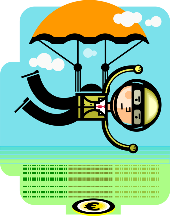 Vector Illustration of Businessman Parachutist Parachuting to Earth with Parachute at Euro Financial Target