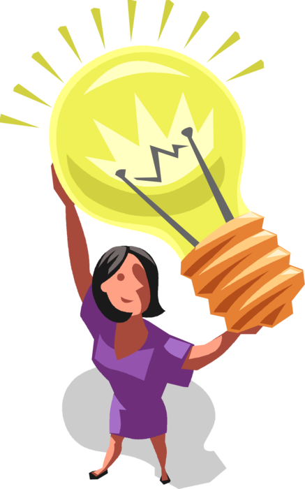 Vector Illustration of Businesswoman Promotes Electric Light Bulb Symbol of Invention, Innovation, and Good Ideas