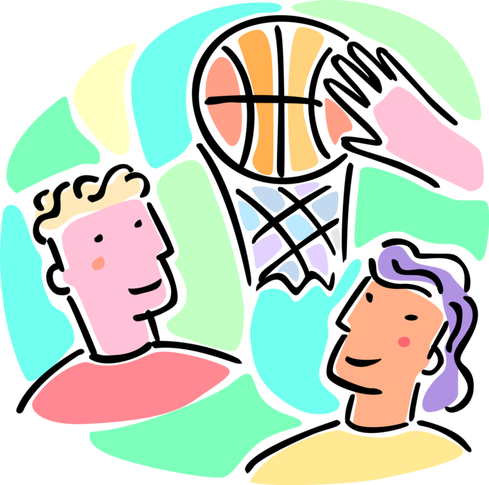 Vector Illustration of Boys and Girls Play Basketball with Basketball and Net Hoop