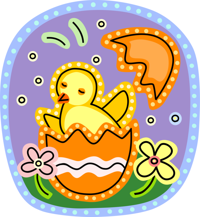 Vector Illustration of Yellow Easter Chick Hatches from Egg with Spring Flowers