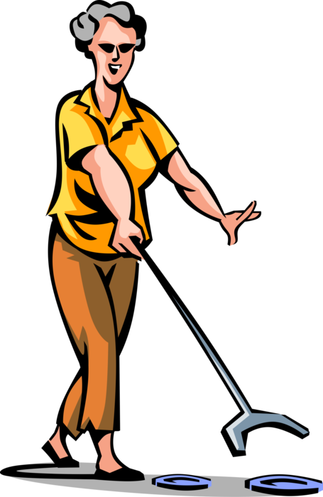 Vector Illustration of Retired Elderly Senior Citizen Plays Shuffleboard with Cue to Push Weighted Discs