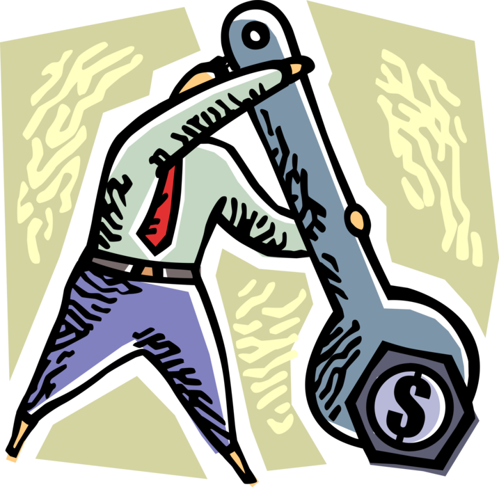 Vector Illustration of Businessman Tightens Financial Cash Money Bolt with Wrench Tool