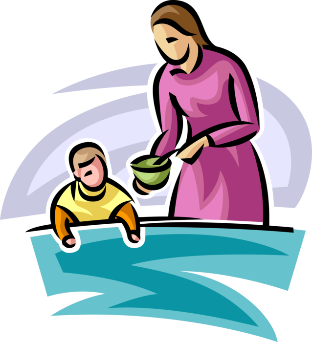Vector Illustration of Mother Feeds Infant Baby with Bowl and Spoon