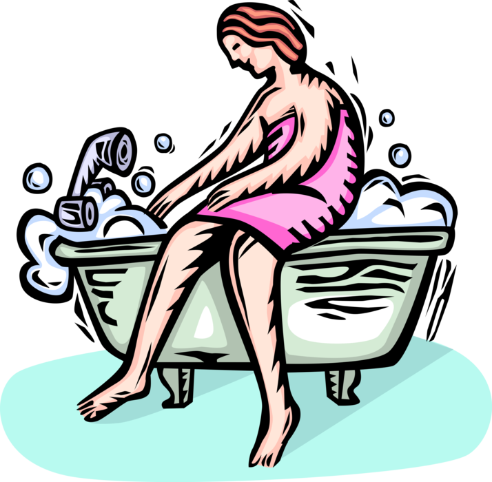Vector Illustration of Woman Wrapped in Towel Prepares Bubble Bath in Bathroom Bathtub