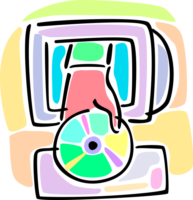 Vector Illustration of Hand Holds DVD and CD ROM Compact Disc Disk Media and Computer