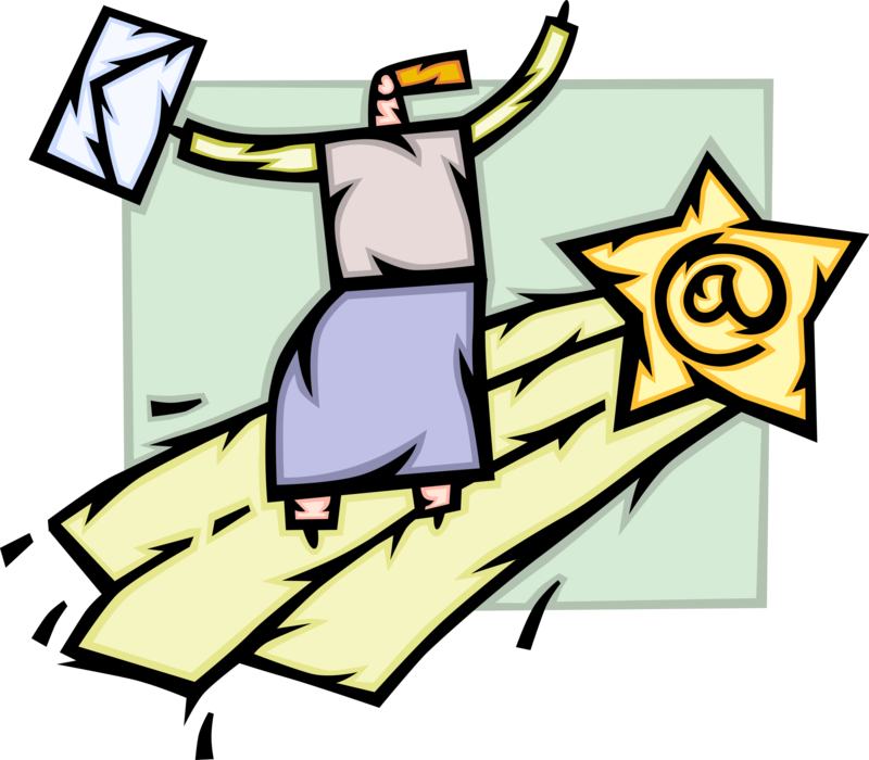 Vector Illustration of Businesswoman Capitalizes on Email and Rides Shooting Star to Success