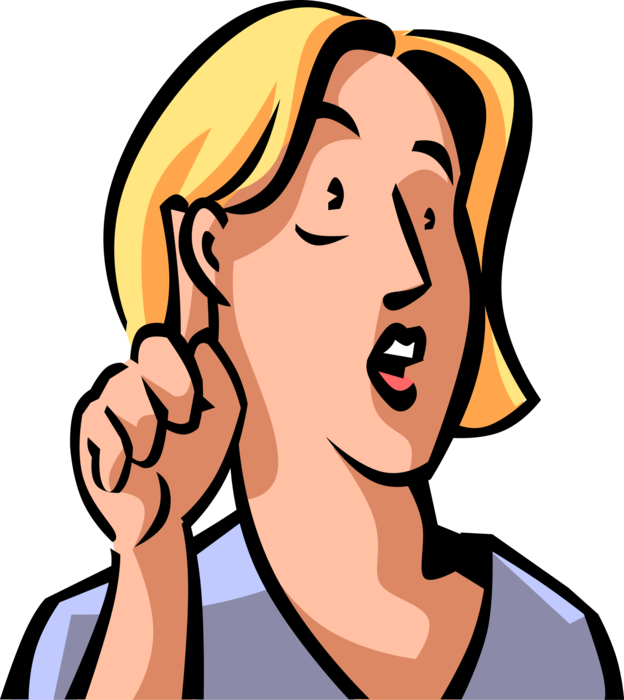 Vector Illustration of Woman Listens Intently with Hand to Ear to Verbal Instructions