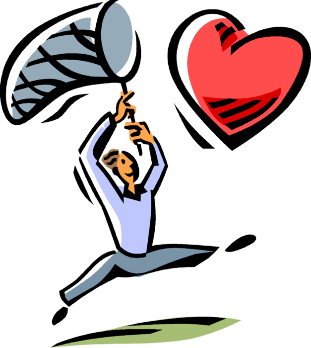 Vector Illustration of Romantic Amorous Man Chases Love Heart with Butterfly Net