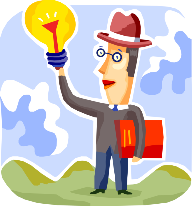 Vector Illustration of Inventor Businessman Reveals Electric Light Bulb Symbol of Invention, Innovation, and Good Ideas