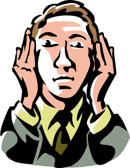 Vector Illustration of Businessman Covers Ears with Hands to Hear No Evil