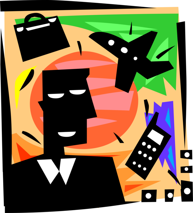 Vector Illustration of Travel Passenger with Mobile Cell Phone, Luggage and Commercial Aircraft Jet Airplane