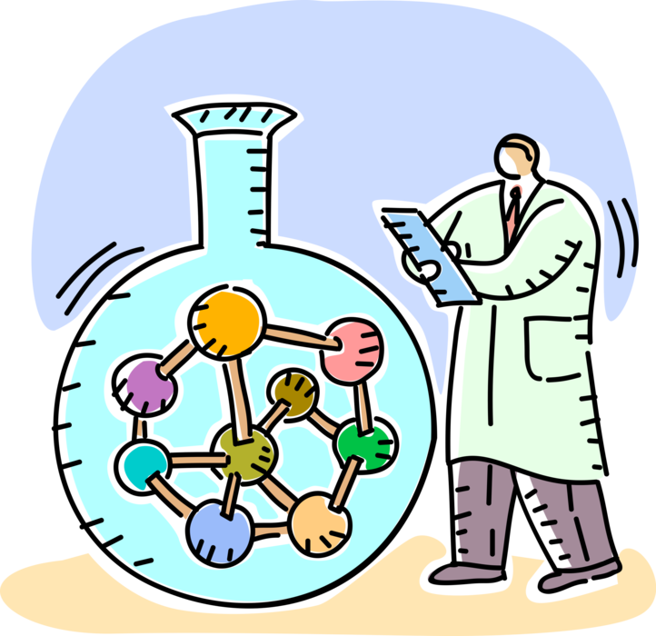 Vector Illustration of Chemistry Industry Laboratory Chemist Mixes Chemical Compound Molecules in Glassware Flask