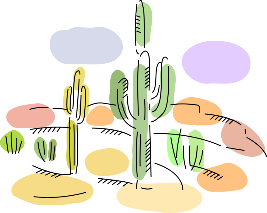 Vector Illustration of Desert Vegetation Succulent Cactus in North American Sonoran Desert Landscape