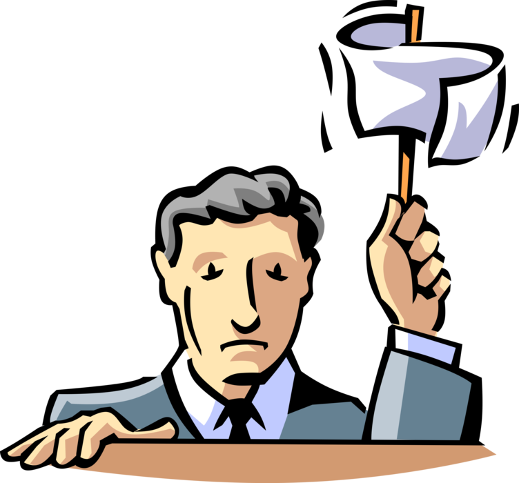 Vector Illustration of Businessman Surrenders by Raising White Flag Protective Sign of Truce or Ceasefire