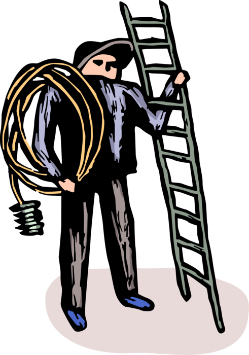 Vector Illustration of Electrician Tradesperson with Electrical Wiring for Installation and Step Ladder