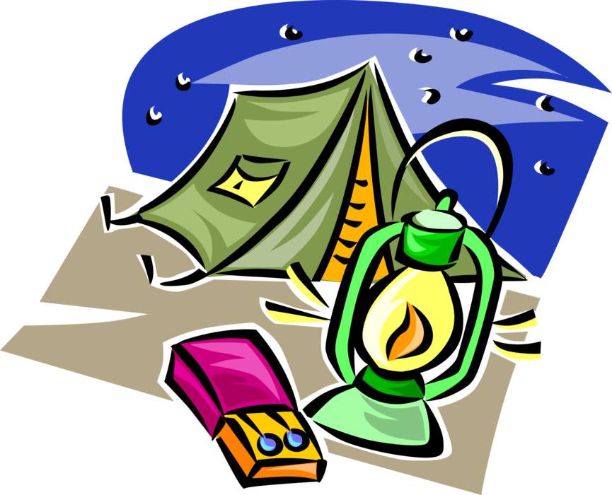 Vector Illustration of Outdoor Recreational Activity Camping Gear Camp Pup-Tent Shelter-Half Tent Shelter with Hurricane Lantern and Matches