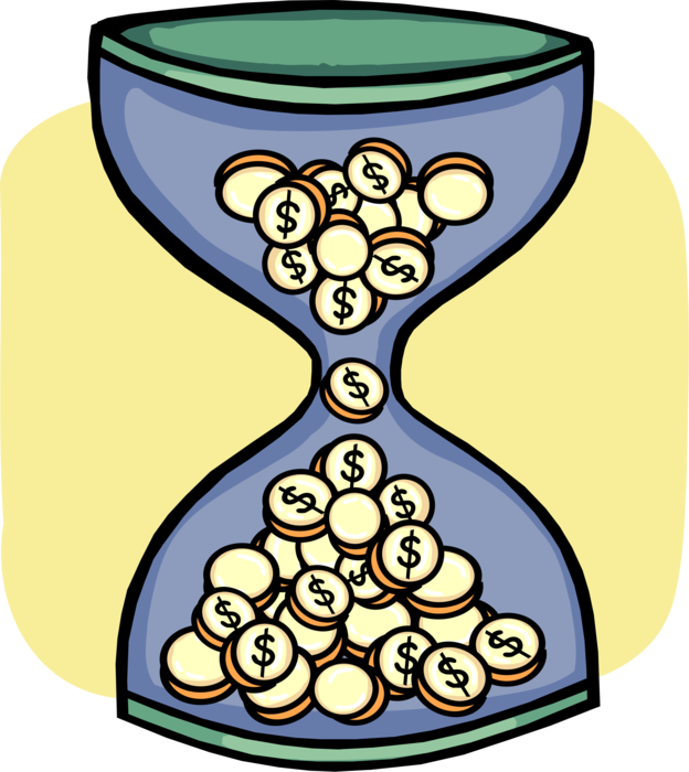Vector Illustration of Time is Money Idiom with Cash Coins and Hourglass Sands of Time