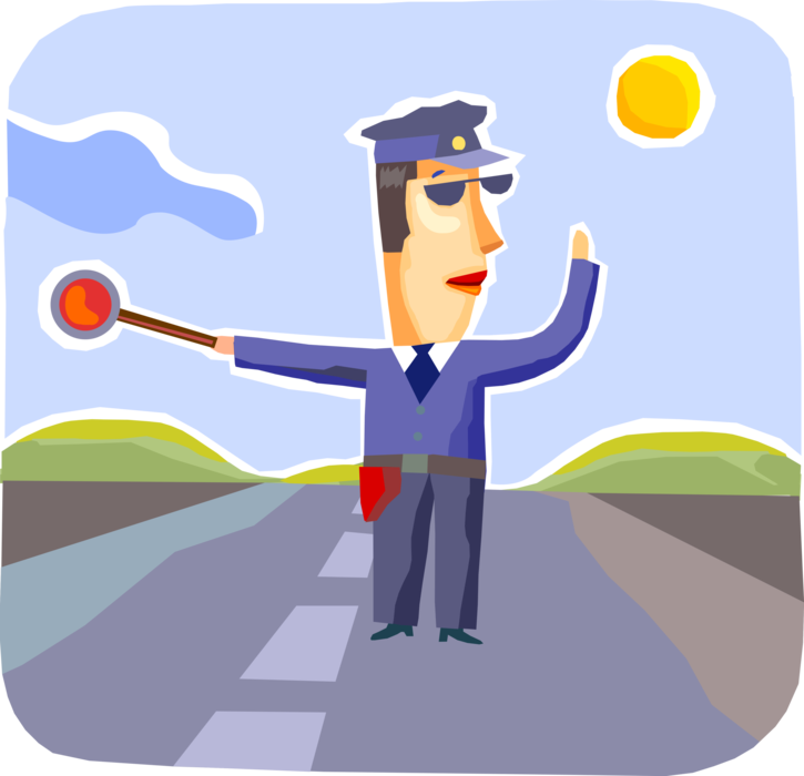 Vector Illustration of Law Enforcement Traffic Cop Police Officer Policeman with Stop Sign to Stop Automobiles