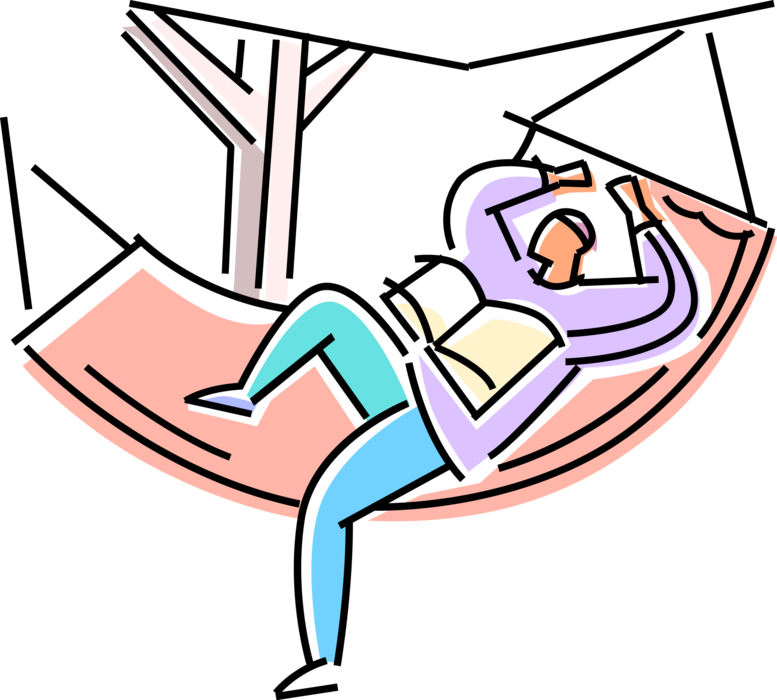 Vector Illustration of Student Relaxes and Reads Book in Suspended Hammock Sling used for Swinging, Relaxing, Sleeping or Resting