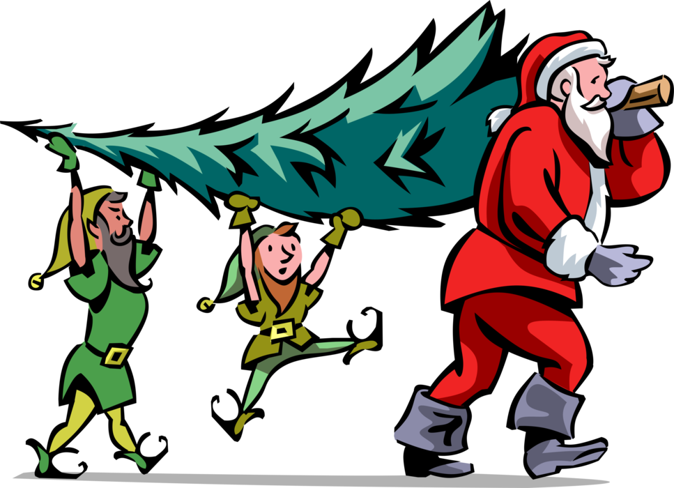 Vector Illustration of Santa Claus and Helper Elves Carry Evergreen Christmas Tree
