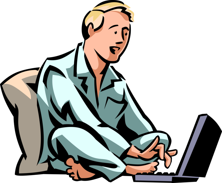 Vector Illustration of Businessman Works from Home in Pyjamas on Computer