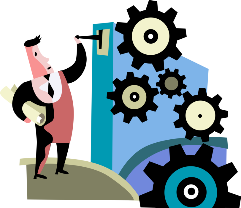 Vector Illustration of Industrialist Businessman Starts Cogwheel Gear Mechanism for Industrial Production