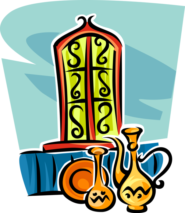Vector Illustration of Stained Glass Windows with Brass Vase and Coffee Pot