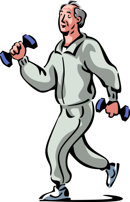 Vector Illustration of Retired Elderly Senior Citizen Fitness Fanatic Enjoys Exercise Workout Jogging with Dumbbell Weights