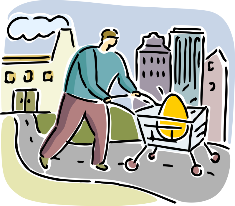 Vector Illustration of Financial Investor with Investment Nest Egg in Shopping Cart Available to Invest