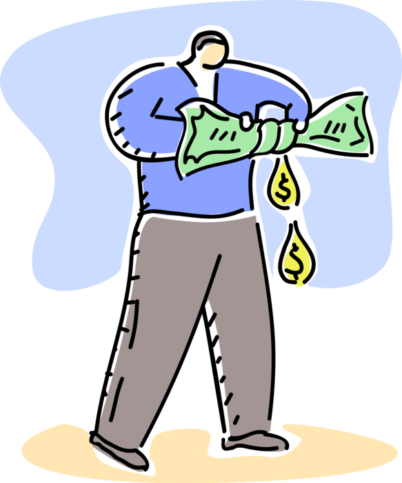 Vector Illustration of Businessman Wring Squeezes and Twists Last Drop of Value from Financial Cash Money Dollars