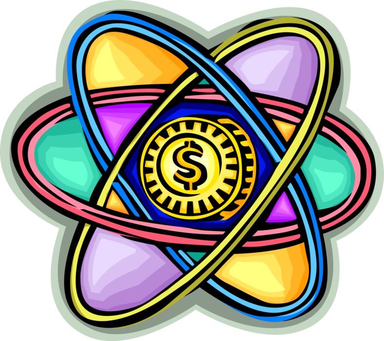 Vector Illustration of Atomic Science Atom Symbol with Cash Money Financial Nucleus and Electrons Spinning